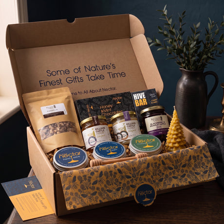 The Beekeeper hamper unwrapped, showing all eleven products