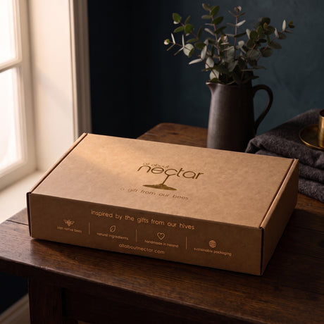 The Beekeeper hamper, closed kraft gift box with gold foil logo